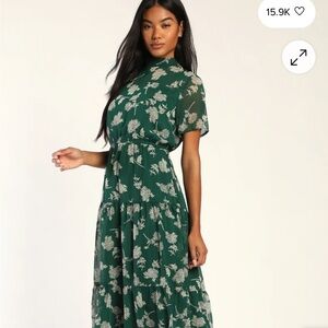 Lulu's Floral Dressed Up Dark Green Midi Dress